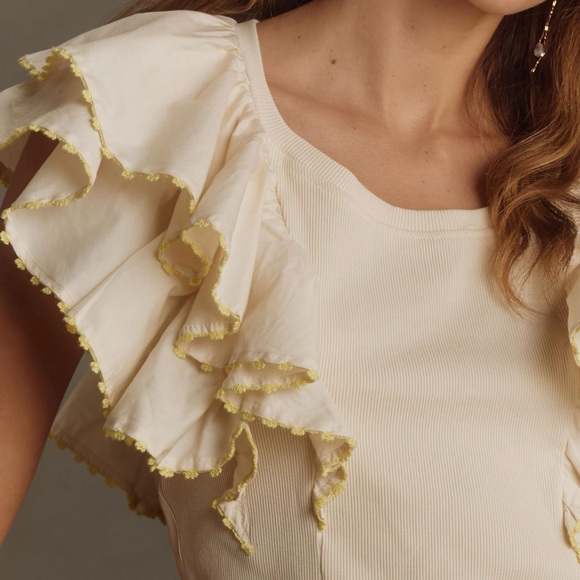 Anthropologie Oversized Ruffles Short Sleeve Ribbed Top Women’s Medium Cream - Picture 3 of 12